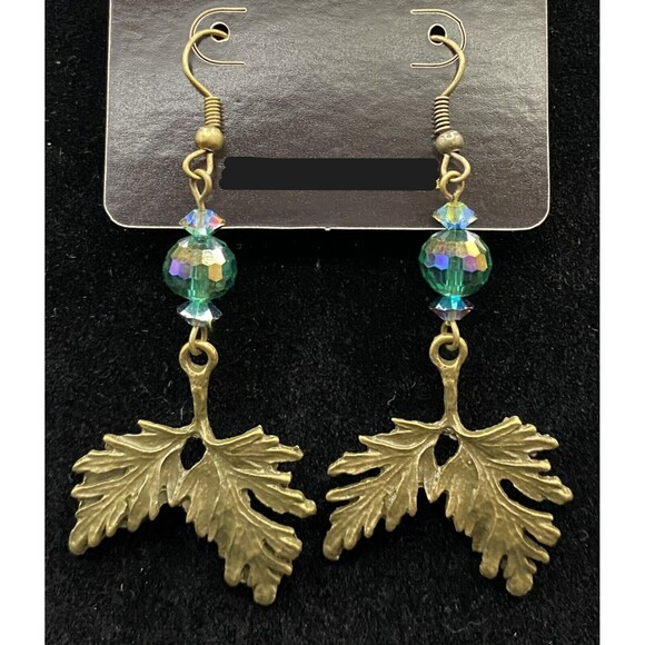 Leaf & Iridescent Aqua Green Crystal Bead Earrings by Neanie-Bot - Picture 1 of 2